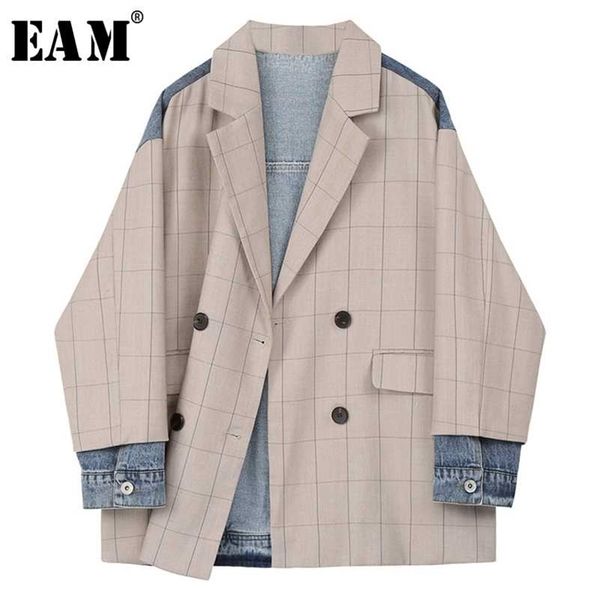

[eam] women khaki plaid denim big size blazer lapel long sleeve loose fit jacket fashion spring autumn 1x214 211112, Black;brown