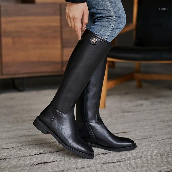

boots style knee-high genuine leather women motorcycle warm female winter shoes cowhide1, Black
