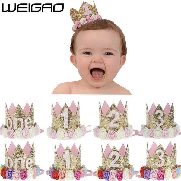 Weigao 1 pcs 1 2 3 tampas de aniversário flor coroa 1st chapéu recém-nascido bebê headband 1 ano decorações de festa
