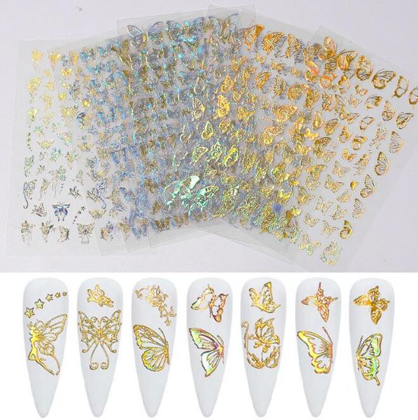 Goldene Silber Qualität 3D Schmetterling Nail art Aufkleber Klebstoff Slider Bunte Transfer Abziehbilder Folien Wraps Dekorationen Laser