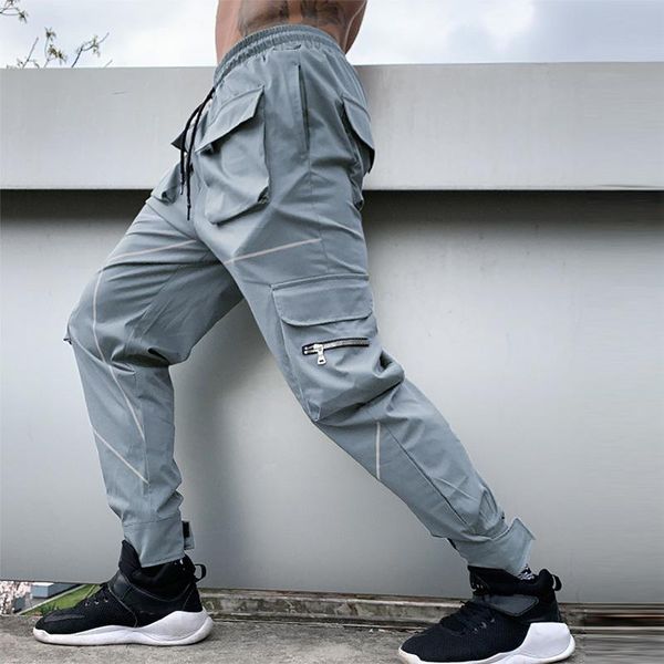 

men's pants cargo 2021 men sports casual trendy loose straight reflective running training trousers joggers for, Black