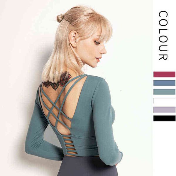 

women's t-shirt autumn and winter beauty back yoga long sleeve t-shirt with breast pad finger sleeve tight sports women's fitns su, White