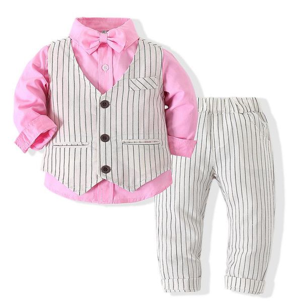 

clothing sets kimocat baby boy long-sleeved suit, british style striped vest + shirt bow tie trousers suit 6 months-3 years, White