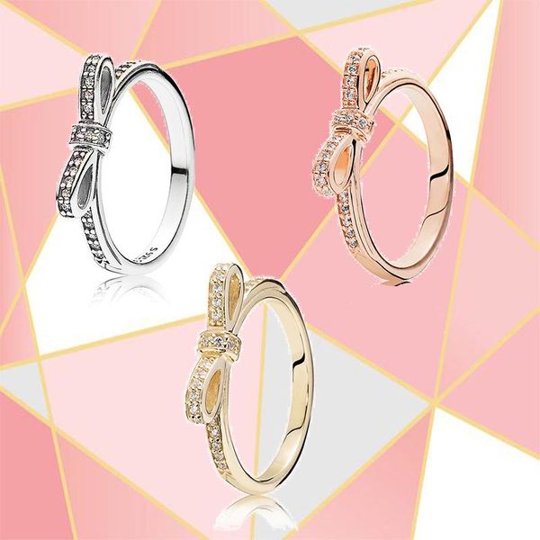 

cluster rings 2021 fashion trend 100% s925 sterling silver real rose gold 3 colors bow ring original diy jewelry suitable for women, Golden;silver