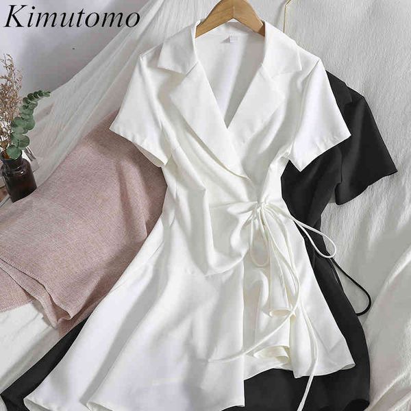 

kimutomo irregular notched dress women korean fashion lace-up office lady short sleeve slim waist solid color dress spring 210521, Black;gray