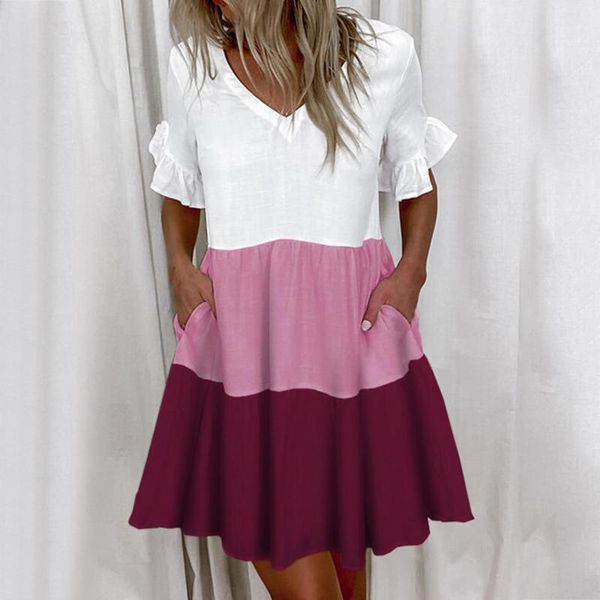 

casual dresses splicing dress women v-neck short sleeve pleated ruffles mini beach pocket summer robe femme #g2, Black;gray