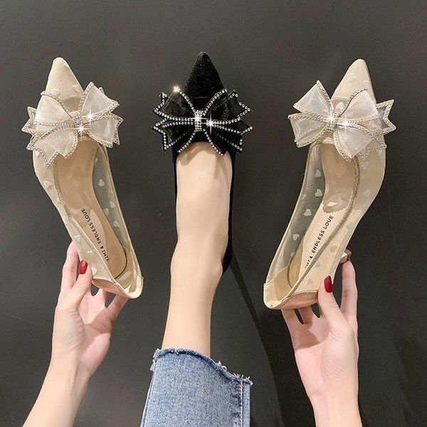 

dress shoes sandals mesh lace pointed elegant women's shallow mouth slim baotou bow women, Black