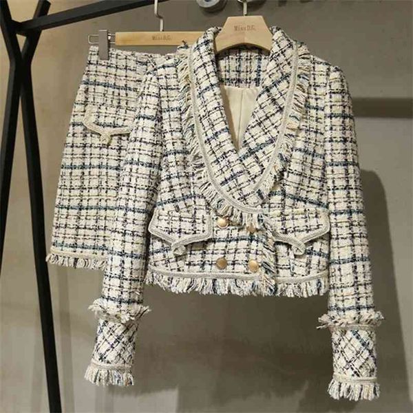 Autunno Inverno Tweed Set a due pezzi Moda donna Giacca di lana coreana Cappotto + Minigonna Set per 2 abiti 210514