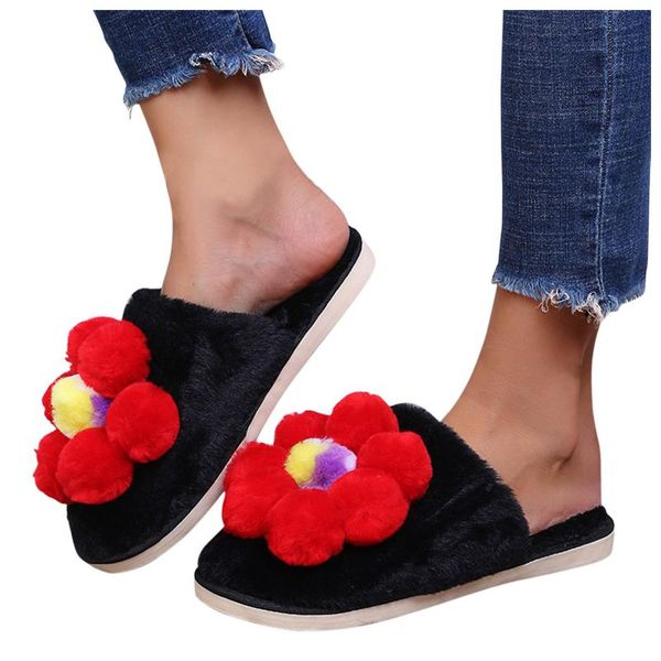 

slippers women's winter fashion colored flower decorated plush indoor warm closed-toe shoes casual for home, Black