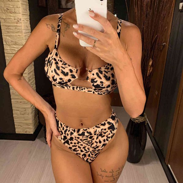 

2021 swimsuit leopard bikini women split high waist metal ring new, White;black