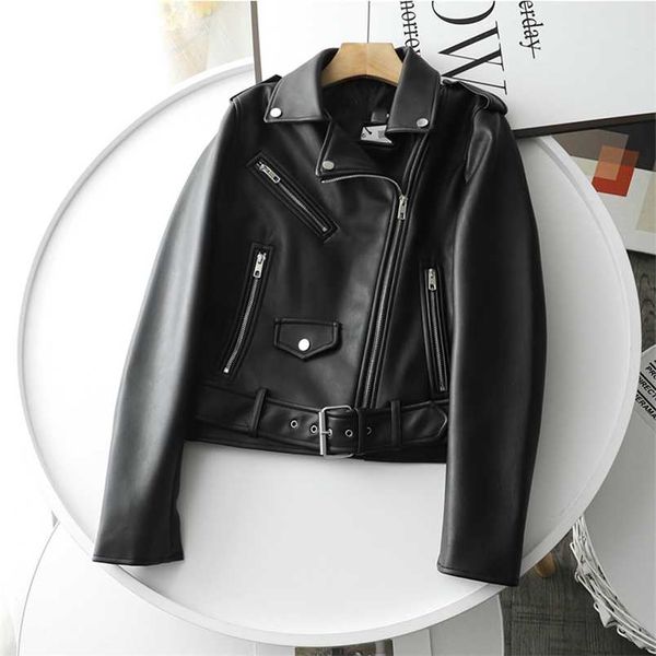 

ailegogo spring women streetwear biker leather jacket slim fit turn down collar coat outwear with belt black pu faux 211215
