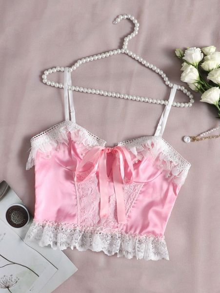 

knot detail lace trim crop cami p86v#, White