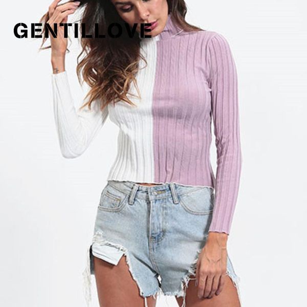 

women's sweaters gentillove women turtleneck autumn patchwork slim pullovers knitting clothes skinny cropped lady sweater fashion, White;black