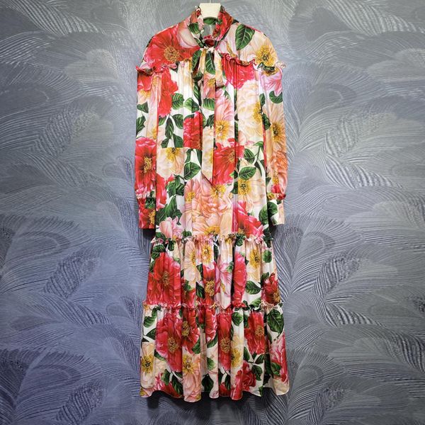 

two piece dress runway fashion long spring flower print loose waist maxi girly dress elegant holiday party robe dica, White