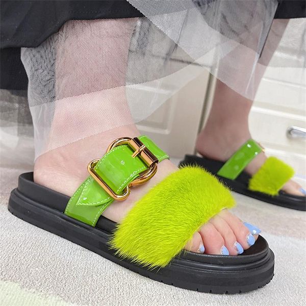

slippers ladies fur mink sandals luxury designer feet fluffy outdoor shoes women, Black
