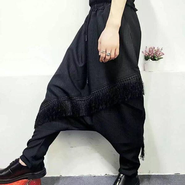

men's clothing fashion hair stylist personality fake two piece pants culotte harem trousers singer costumes, Black