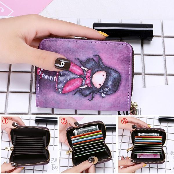 

card holders women holder wallet pu leather female case 9 bits/10 bits + 2 big position zipper cute characters bag, Brown;gray