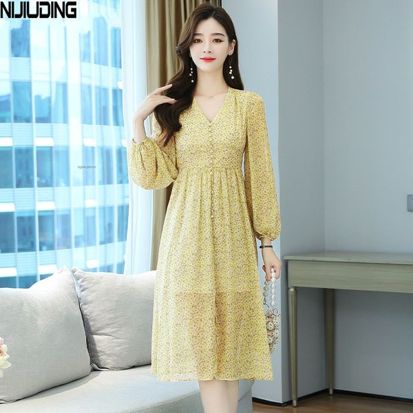 

autumn yolk dress french casual floral high waist thin chiffon female long sleeve v-neck a-line es women's 210514, Black;gray