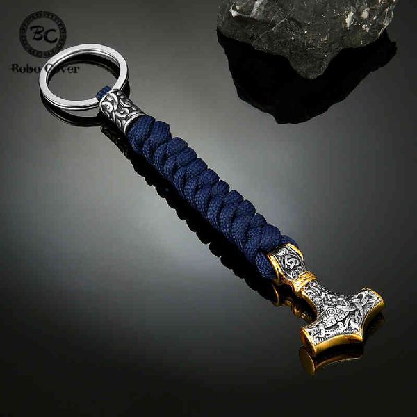 

men vikings thor's hammer keychain stainless steel mjolnir amulet keyring knife pendant handmade survival paracord rope jewelry, Silver