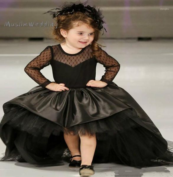 Abiti da ragazza Abito da ballo Black Black Formal High Low Kids Cunghese Tulle Maniche lunghe Abbolla Flower Flow