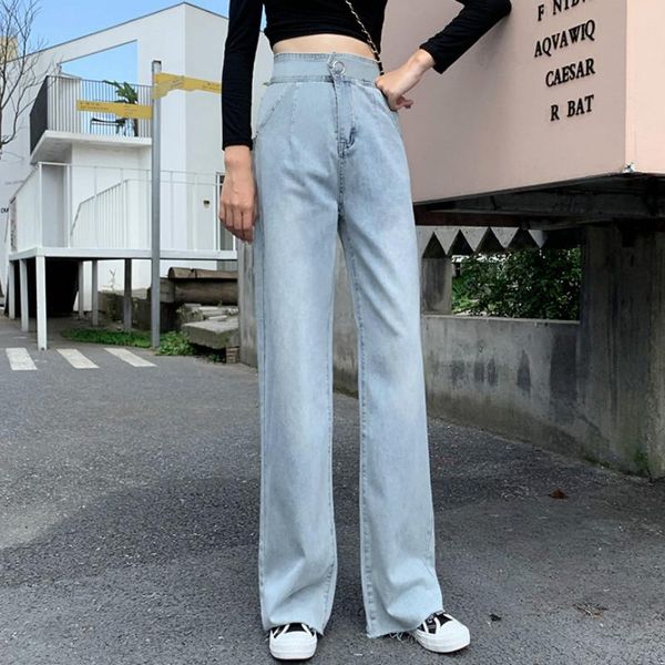 

women's jeans high waist hem wide leg loose straight for women s  l xl, Blue