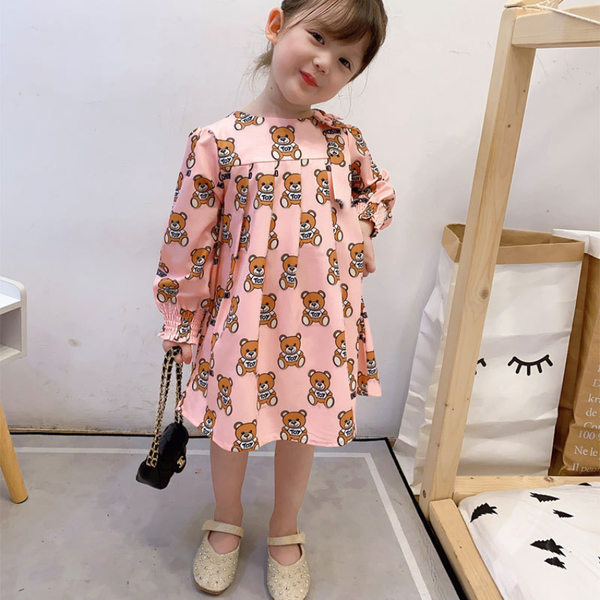 New Summer Fashion Brand Cartoon Letter Style Kids Girl Clothes Abito a maniche lunghe con stampa a orso Abito da principessa per bambina 2-8 anni