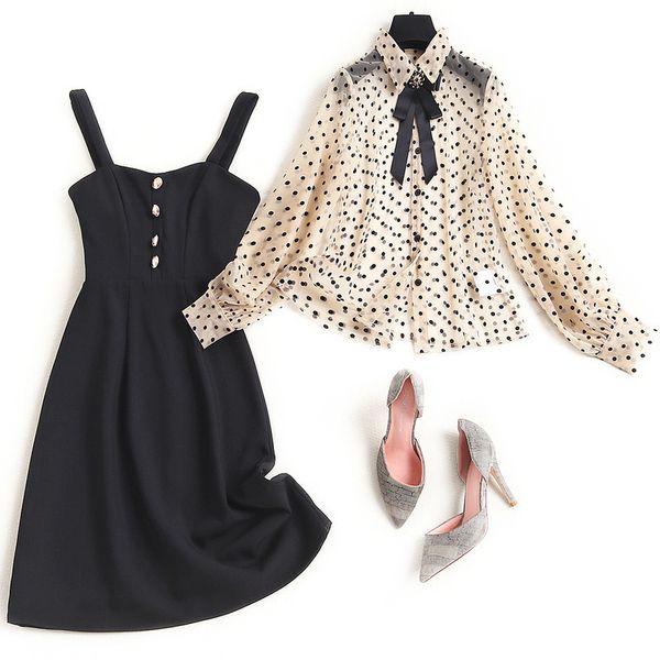 

two piece dress spring long sleeve lapel neck polka dot mesh ribbon blouse + spaghetti strap buttons suits 2 s set 21j1416718 p09o, White