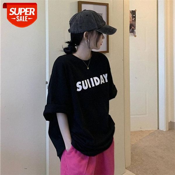 

casual black bottoming shirt new korean version of the college style loose and thin short-sleeved t-shirt women #d25i, White