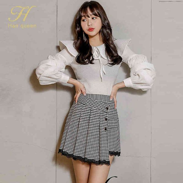 

dresses 2 pieces set women spring long sleeve shirts and high waist houndstooth stitching lace office lady skirt suit, Black;gray