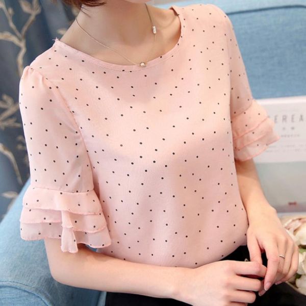 

women's blouses & shirts women chiffon blouse short sleeve casual loose polka dot print thin shirt, White
