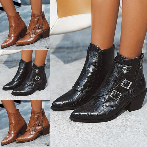 

boots sagace women ankle solid color crocodile leather pointed toe square high-heeled belt buckle zipper fashion short n4, Black