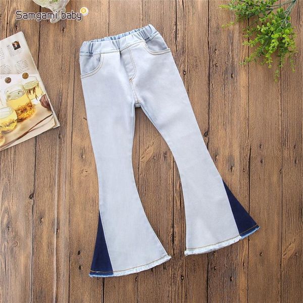 

baby girls bell-bottoms solid color vintage boot cut pants washed spliced jeans for 2-6 years kids fashion, Blue