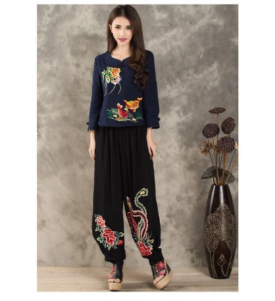 

chinese clothing store plus size women pants summer long thin elastic waist black embroidery mid harem pant trousers, Black;white