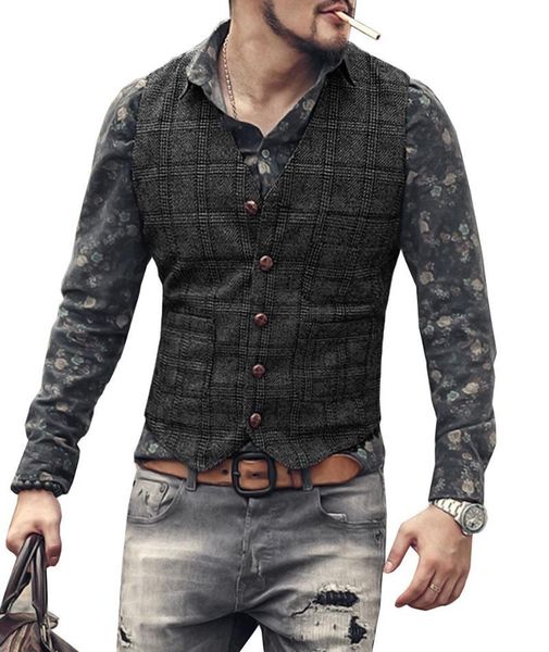 

men's vests silver plaid suit vest for men wool tweed casual slim fit waistcoat formal business groomsmen forwedding, Black;white