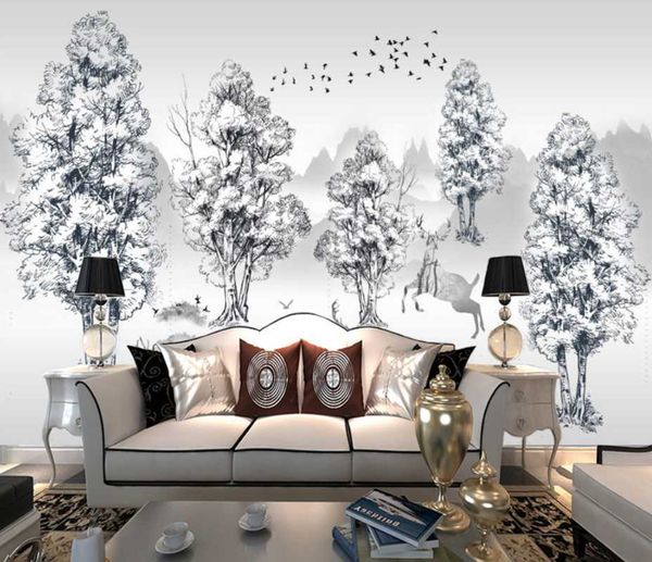 

wallpapers custom light luxury nordic style black and white forest elk landscape tv living room bedroom office decoration background wallpa
