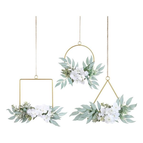 

artificial willow leaves metal hoop wreath set of 3 greenery with white hydrangea flower hanging wall garland decorative flowers & wreaths