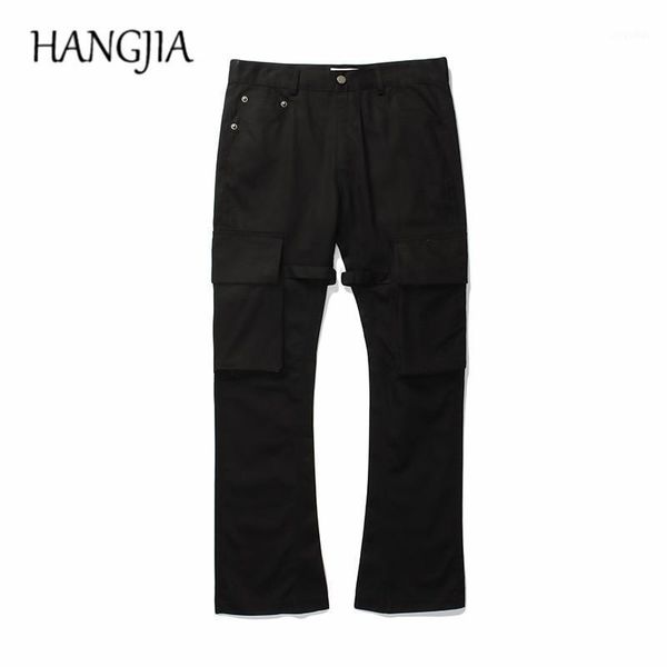 

men's pants japanese streetwear swag function ribbon vintage black cargo flare trousers bandage multi-pocket casual slim fit overalls