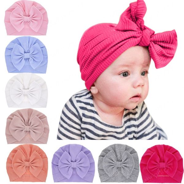 

19*17 cm fashion striped cotton bowknot baby girls hats handmade bows beanie caps kids hair accessories 8 colors, Yellow