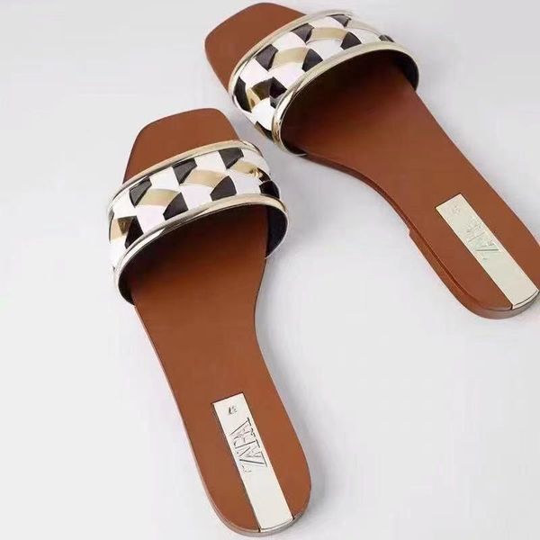 

slippers zar# summer women's shoes all-match stitching square head woven flat bottom casual outdoor, Black