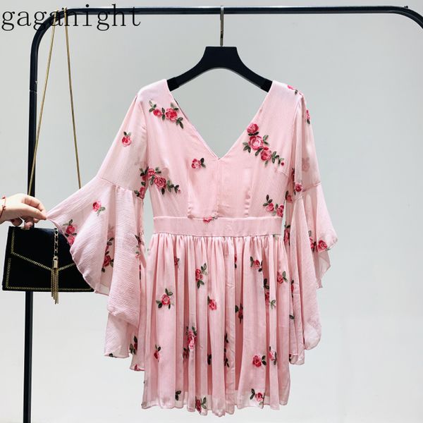

gaganight summer sweet bandage flowers embroidery dress women pink long butterfly sleeve v-neck dress vintage party dresses 210519, Black;gray