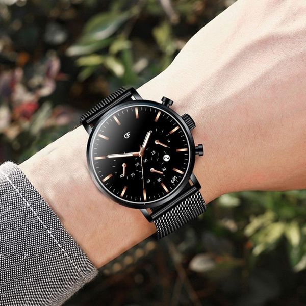 

wristwatches fashion men watches analog quartz watch high-end simple calendar men's stainless steel relogio masculino, Slivery;brown