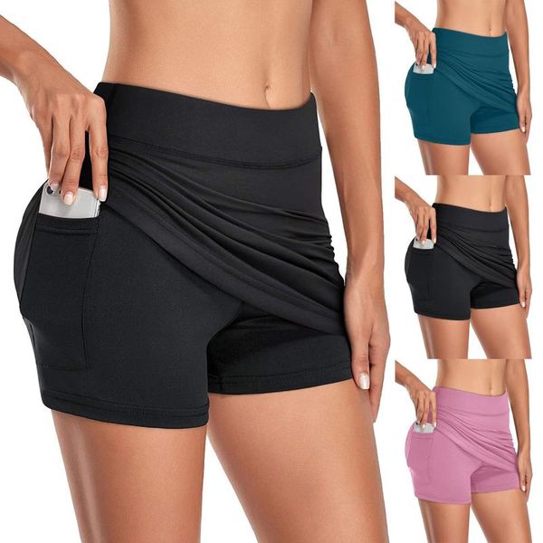 

women's shorts women tennis skorts sport athletic yoga skirt solid color anti exposure fitness high waist female sportswear, White;black