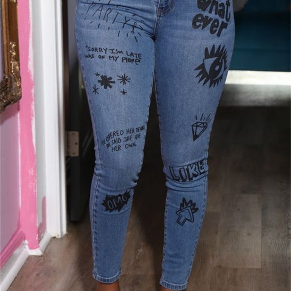 

women's jeans european and american fashion letter print slim trousers ladies creative graffiti pt7054 xtgl, Blue