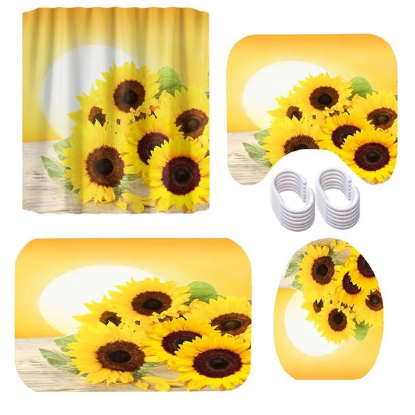 

shower curtains with rugs hooks hanging sunflower print waterproof el bath mat for bathroom curtain set home durable toilet lid cover