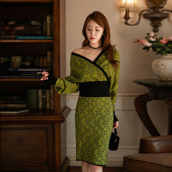 

genayooa v neck pencil for women elegant long sleeve knitted dresses autumn winter dress woman bodycon vestidos 210417, Black;gray