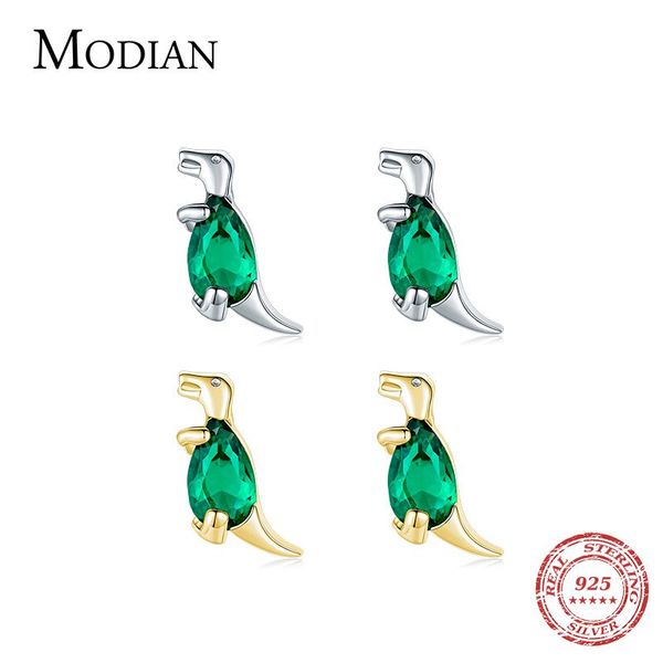 

stud modian pure 925 sterling silver cute crystal tyrannosaurus earrings for women girls gold tiny dinosaur jewelry, Golden;silver