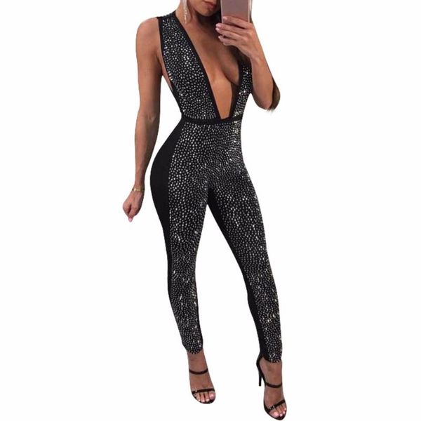 

women's jumpsuits & rompers backless long jumpsuit women rhinestones deep v-neck bodycon femme sleeveless party club overalls, Black;white