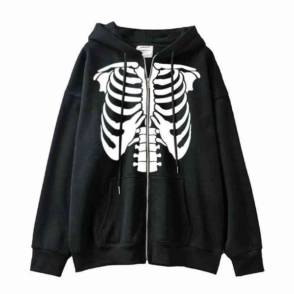 

y2k gothic print skeleton hoodie women long sleeve zip up oversized sweatshirts grunge harajuku hooded jackets streetwear, Black