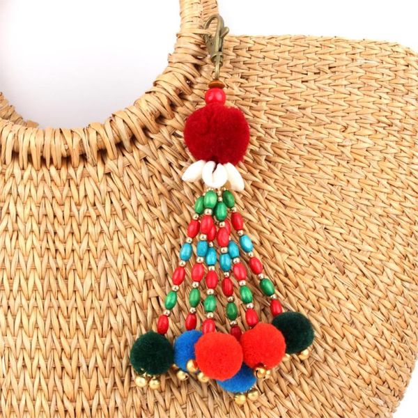 

keychains 1pc boho jewelry keychain wood bead shells alloy pompom charm key chains bohemian accessories for women beach bag, Silver
