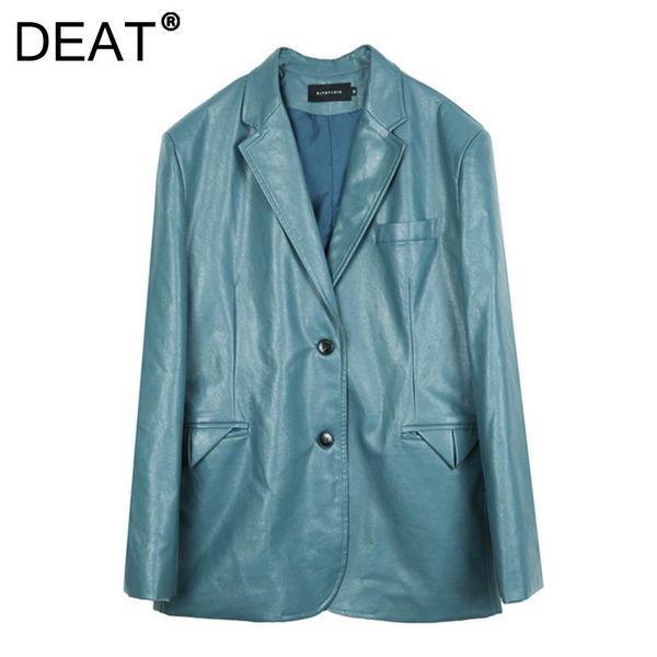 

women's leather & faux deat women blue pu jackets pockets long sleeve single breasted casual style loose coat 2021 autumn fashion 15jk2, Black
